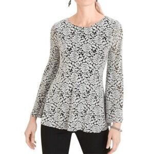 Chico's Black White Textured Floral Bell Sleeve Flowy Top Blouse 3 = XL Feminine